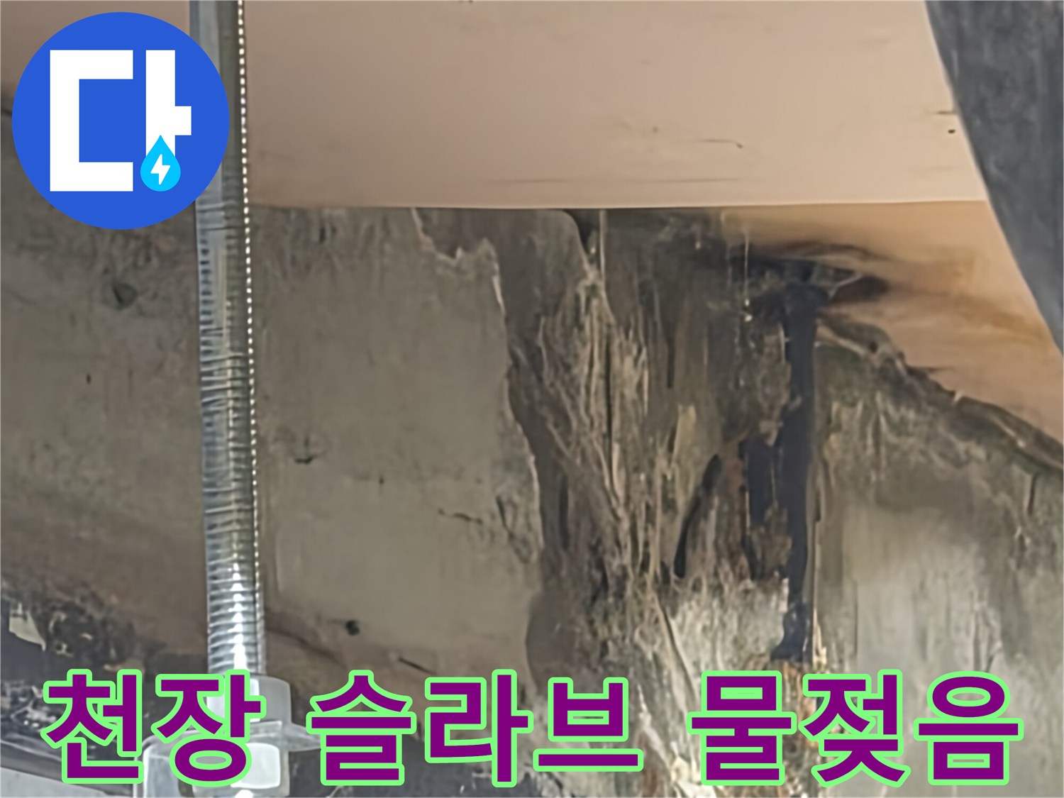 화장실 내부 천장-물에 젖어 변색된 콘크리트 부위