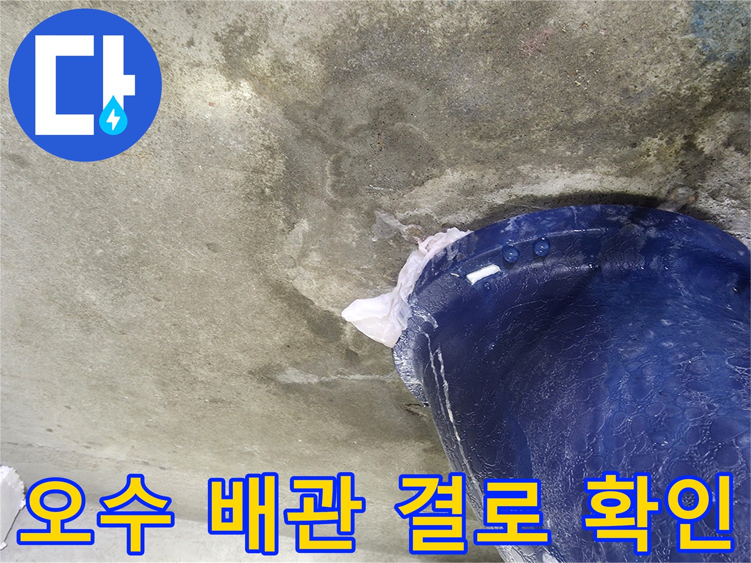 습기를 머금은 파란색 오수관-콘크리트 접합부
