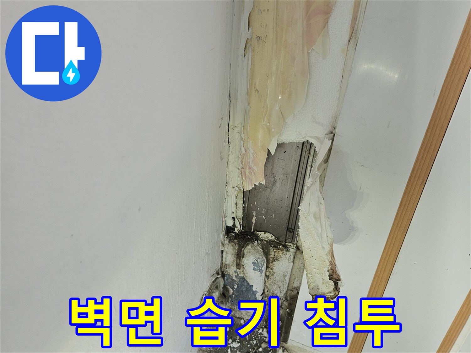 천장 경계부의 물샘 흔적과 젖은 벽지 상태