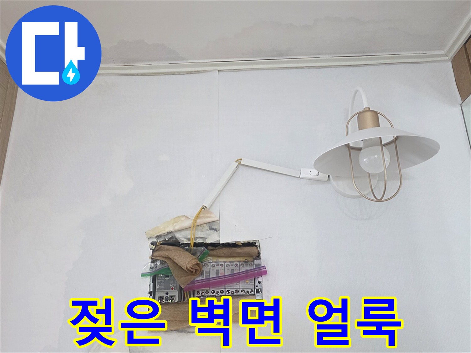 벽면에 발생한 수분 침투로 인한 변색 부위 촬영