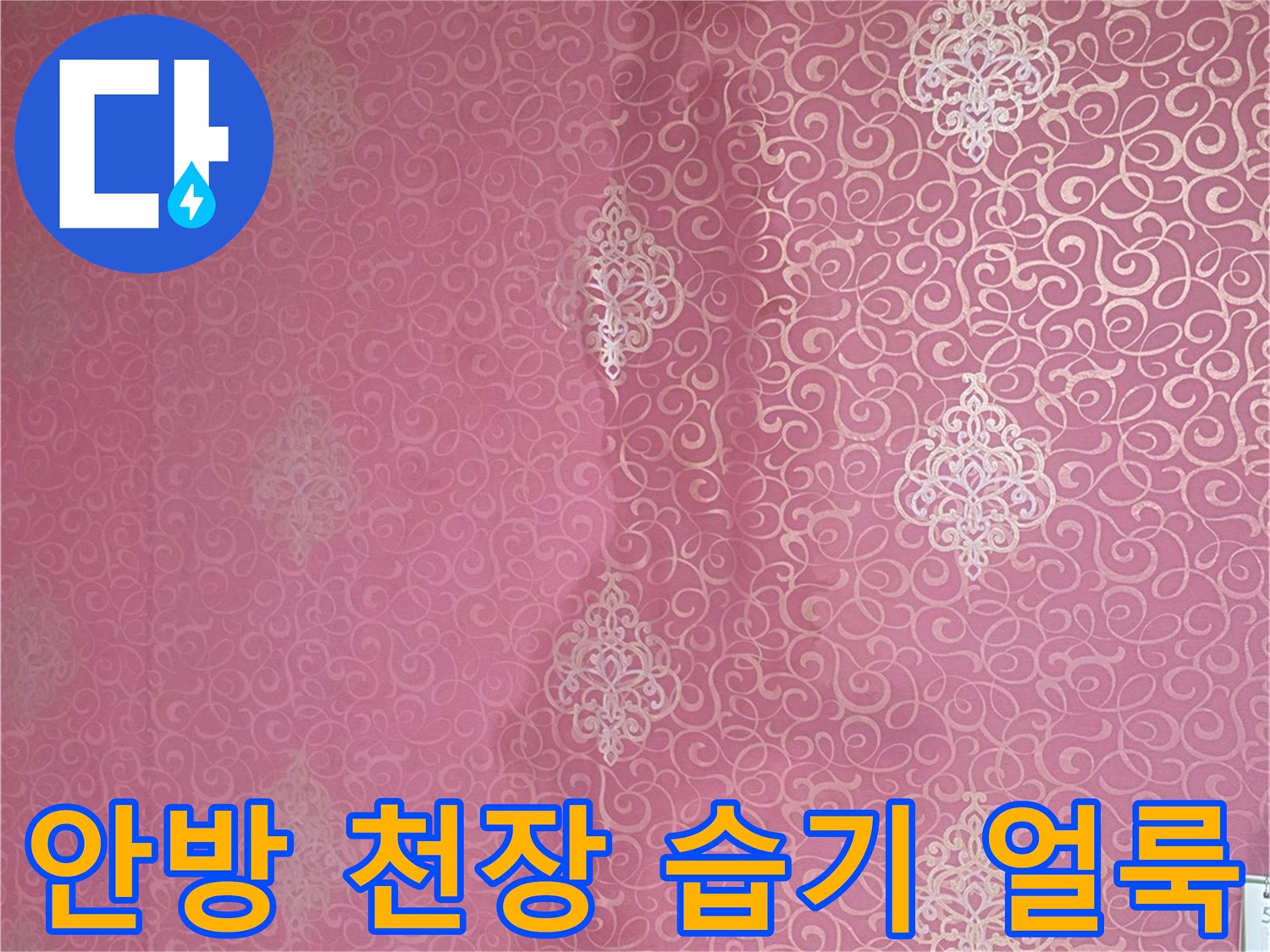 물샘 현상으로 인해 짙게 변한 분홍색 패턴의 벽지 표면