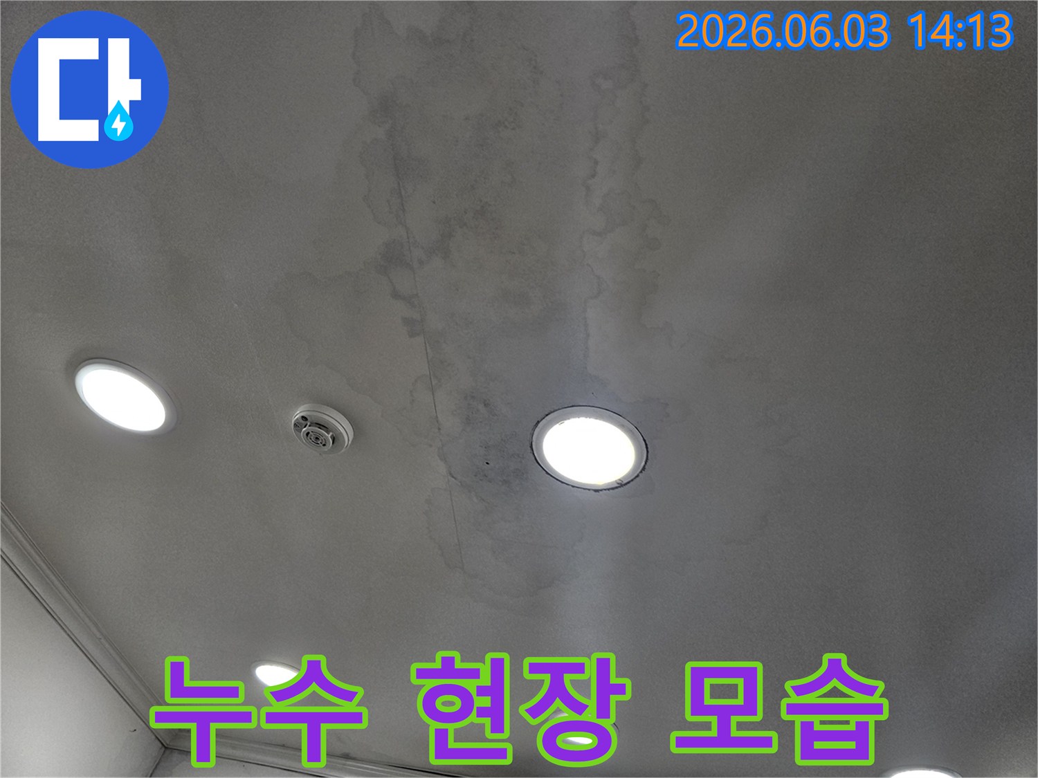 건물 천장에서-발견된-광범위한-물샘 자국을-기록한 사진입니다.