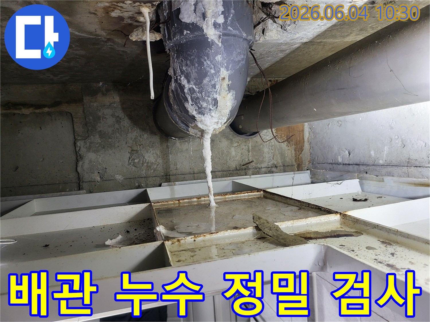 천장 배관에서 물이 새어 나와-석회질이 고드름처럼 맺히고-아래 바닥에 물이 고인 누수 현장