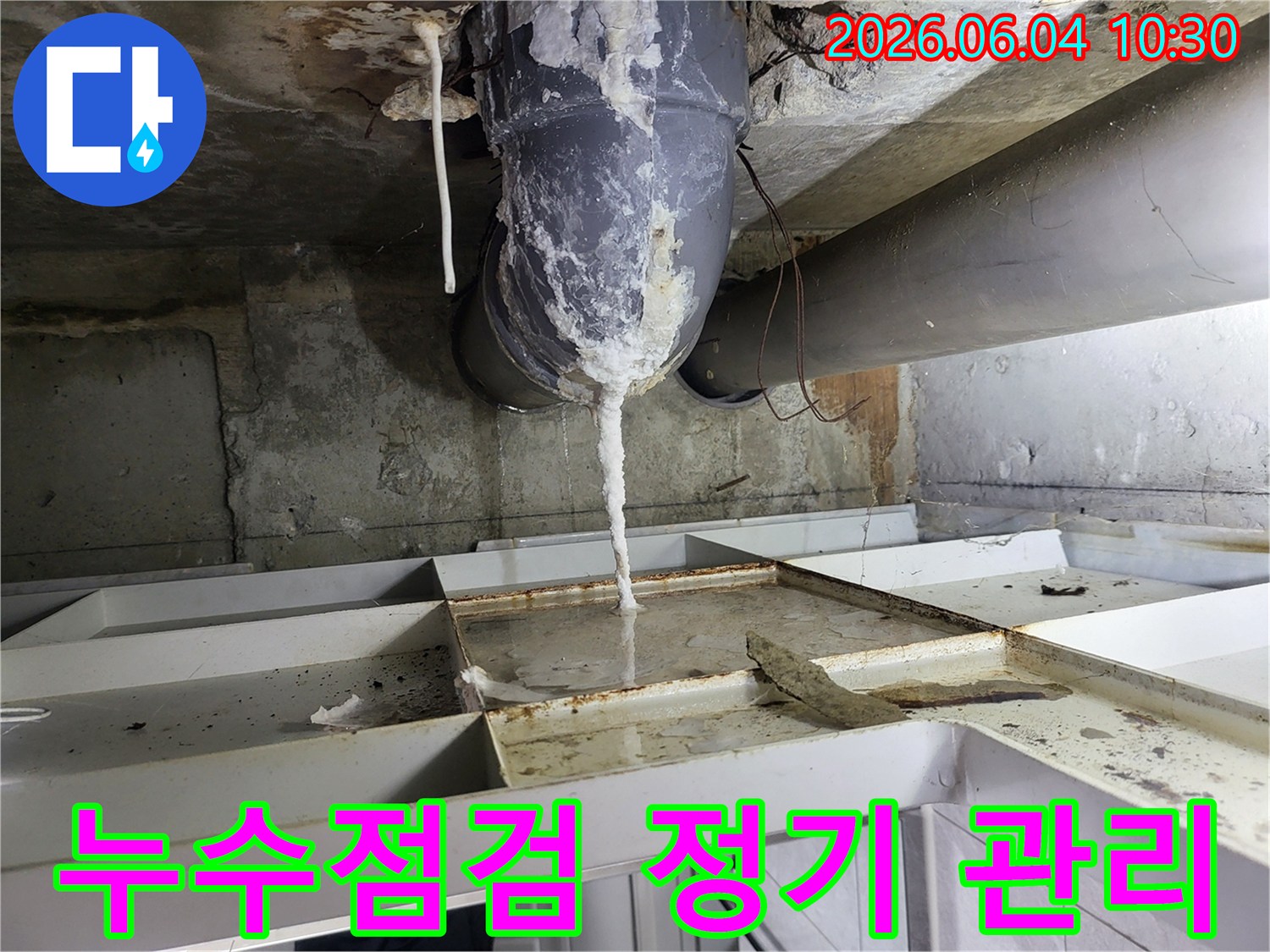 천장 배관에서 물이 새어 나와-석회질이 고드름처럼 맺히고-아래 바닥에 물이 고인 누수 현장