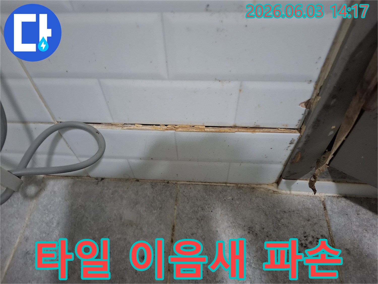 타일-이음새가-파손되어-물자국이-발생한-누수-현장의-상세-모습입니다