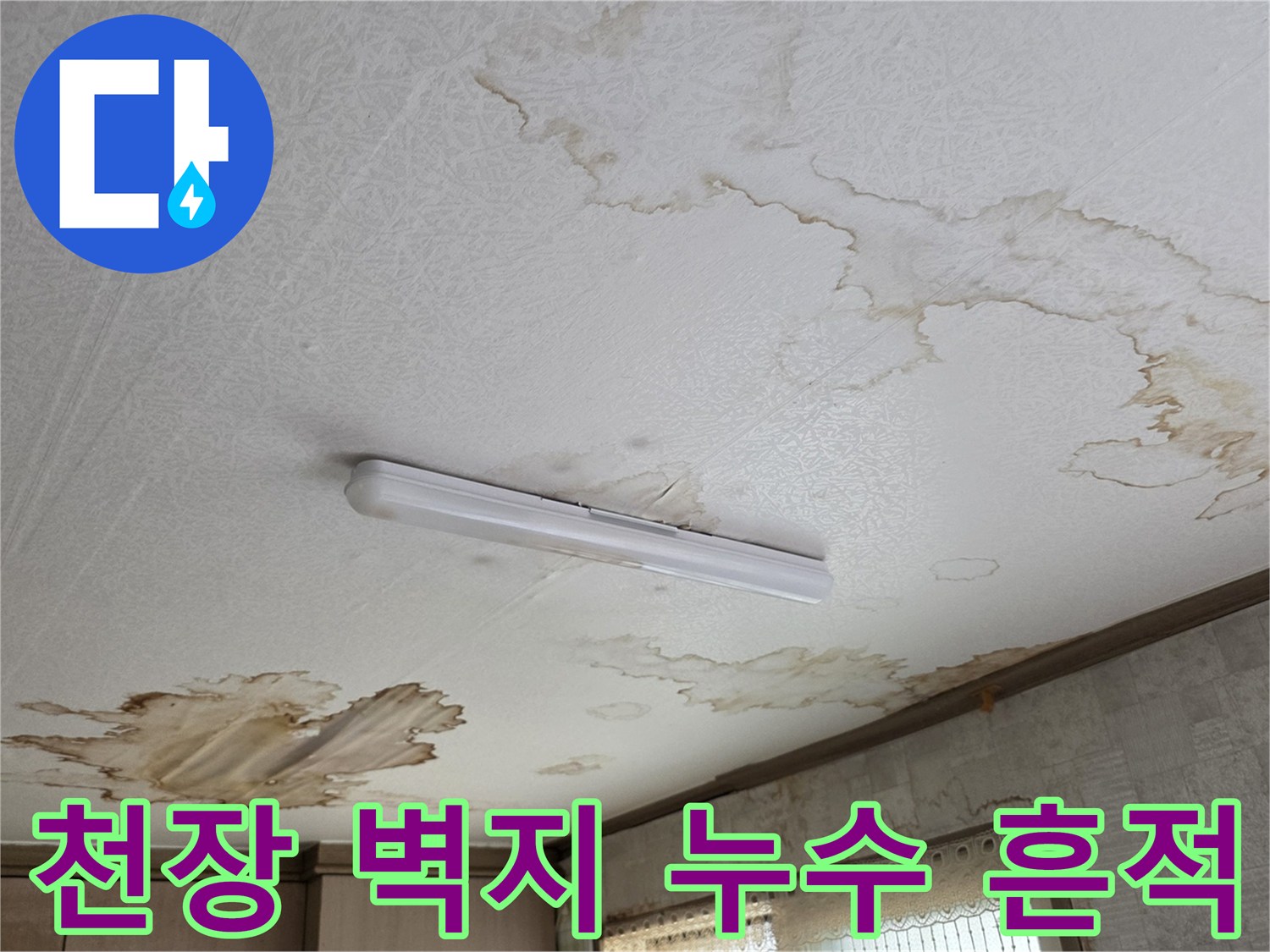 물샘으로 인해 변색된 천장 마감재와 얼룩 부위