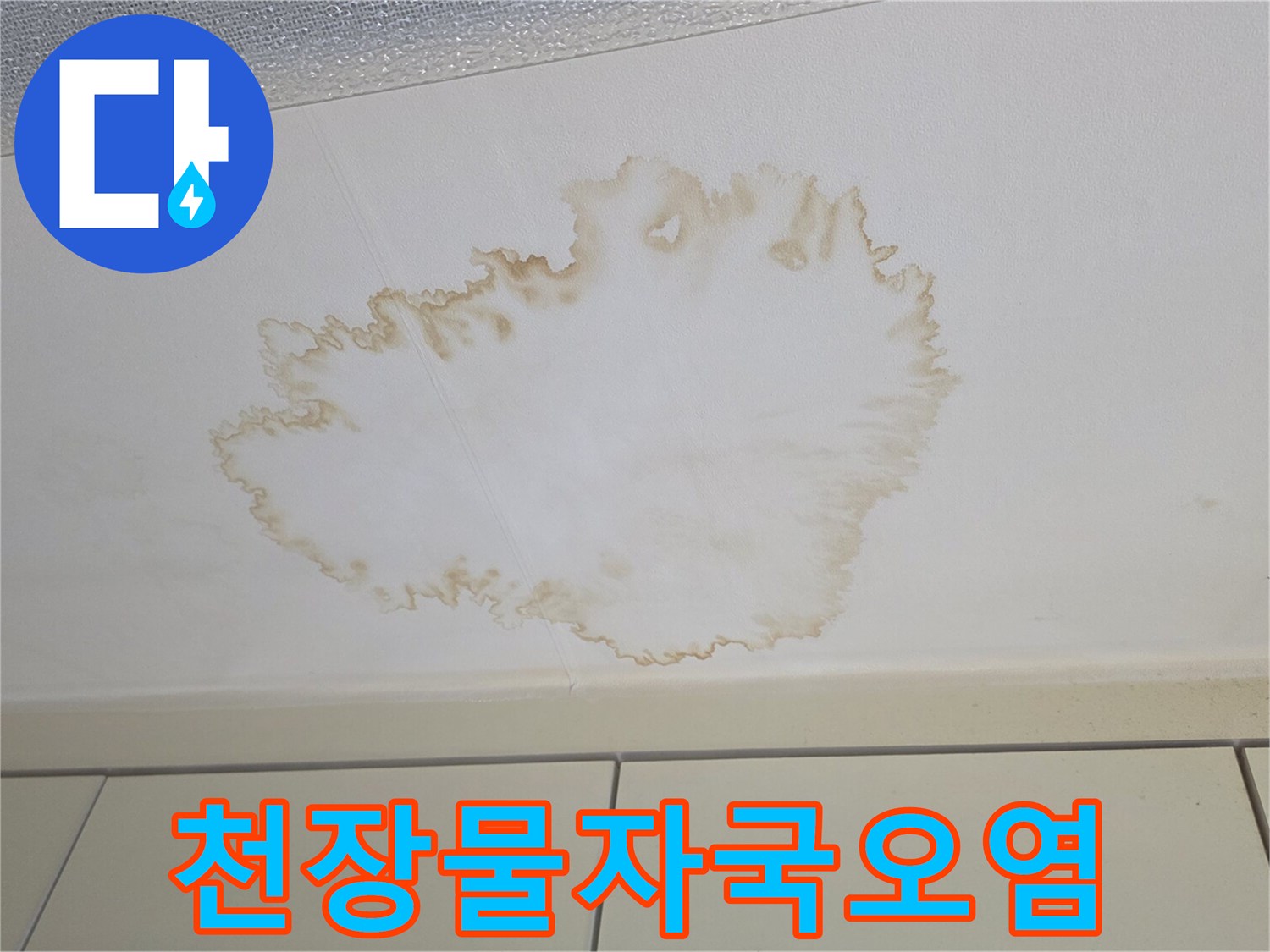 주방 천장에 발생한 넓은 형태의 누수 오염지점