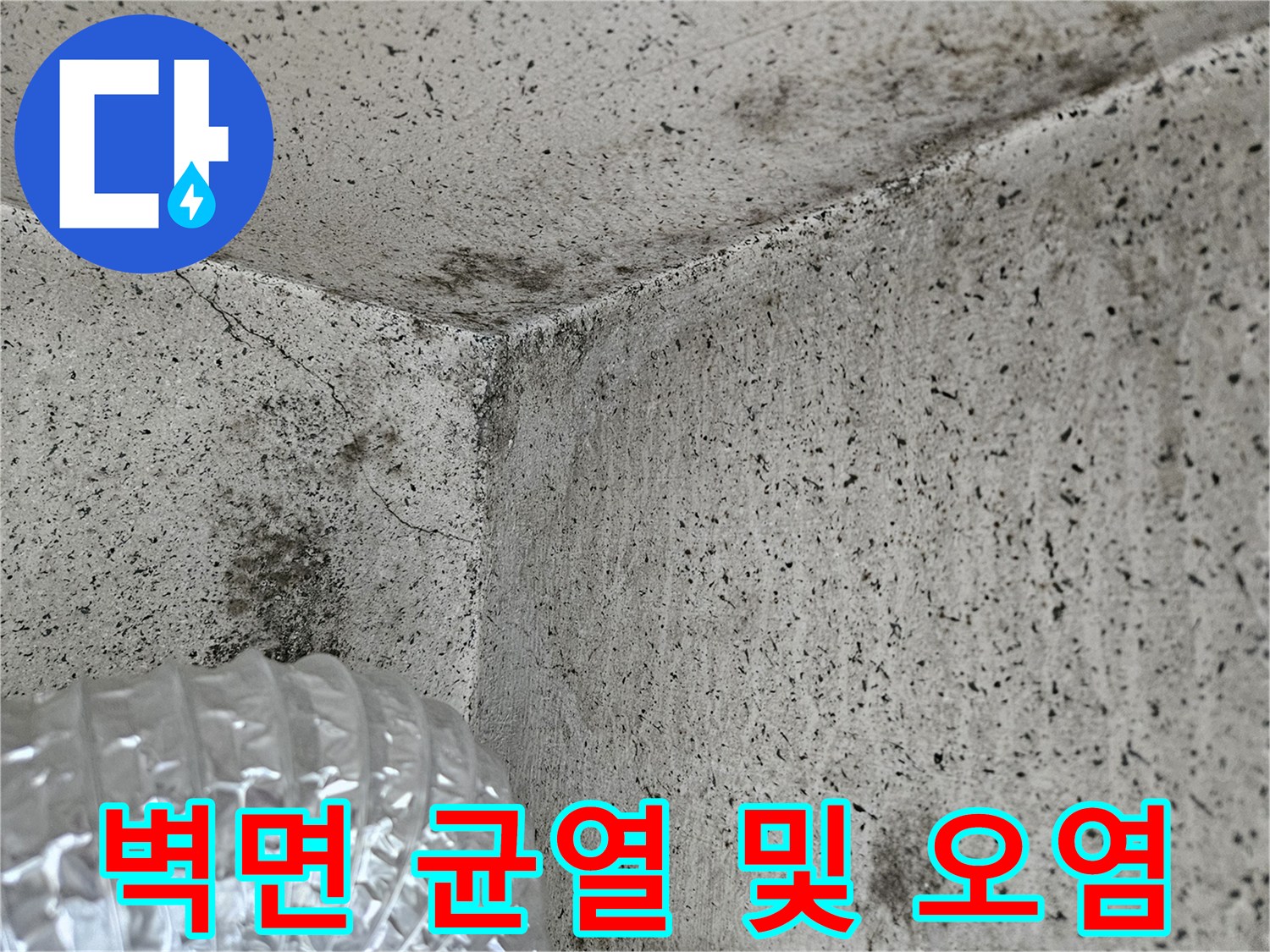균열과 함께 습기가 번진 베란다 벽체 모서리