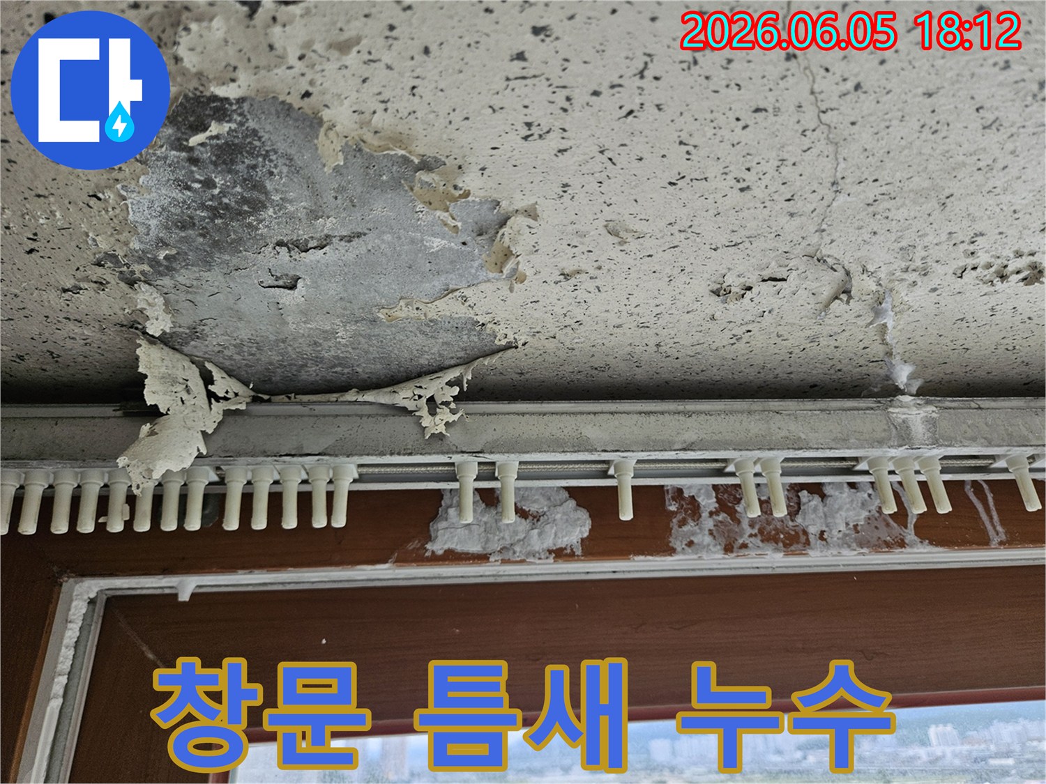 창문 틈새로-물이 스며들어-벽지가 손상된-누수 현장을-전문가가 확인 중