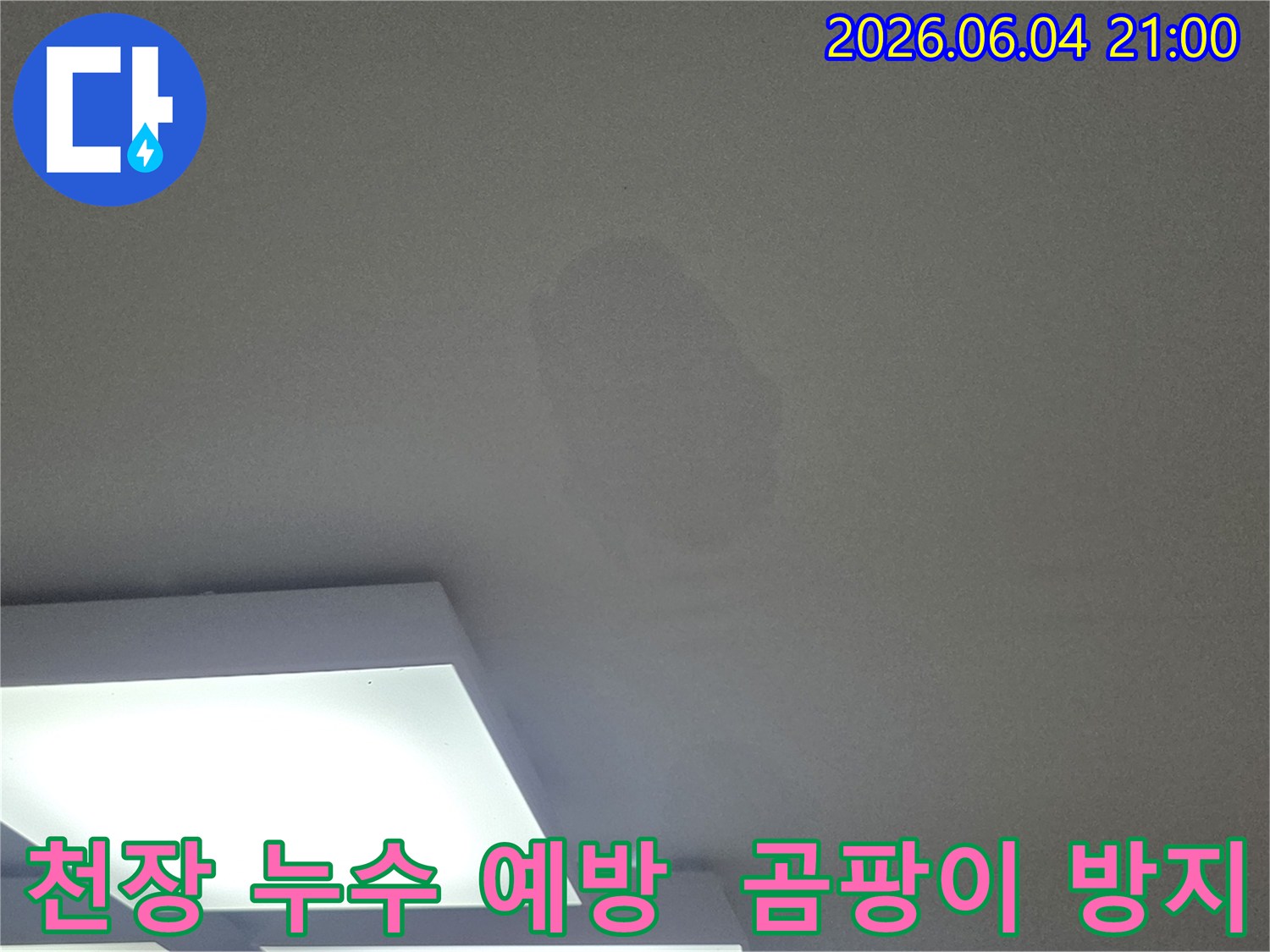 사진 속 천장 얼룩은-누수의 전형적인 모습으로-곰팡이 발생 위험을 알립니다.