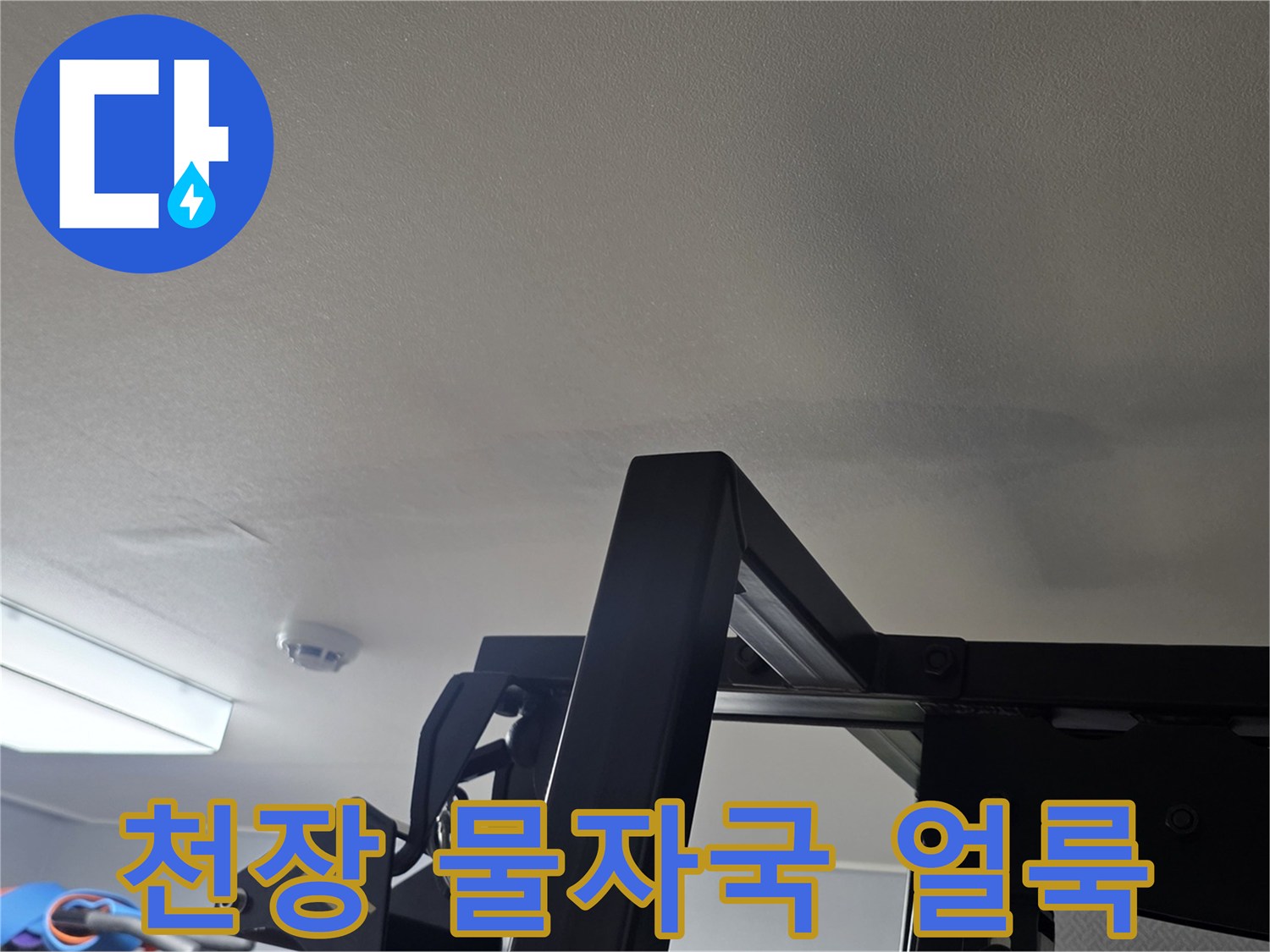 일산서구 아파트 거실 천장의 누수 흔적과 변색된 벽지 모습