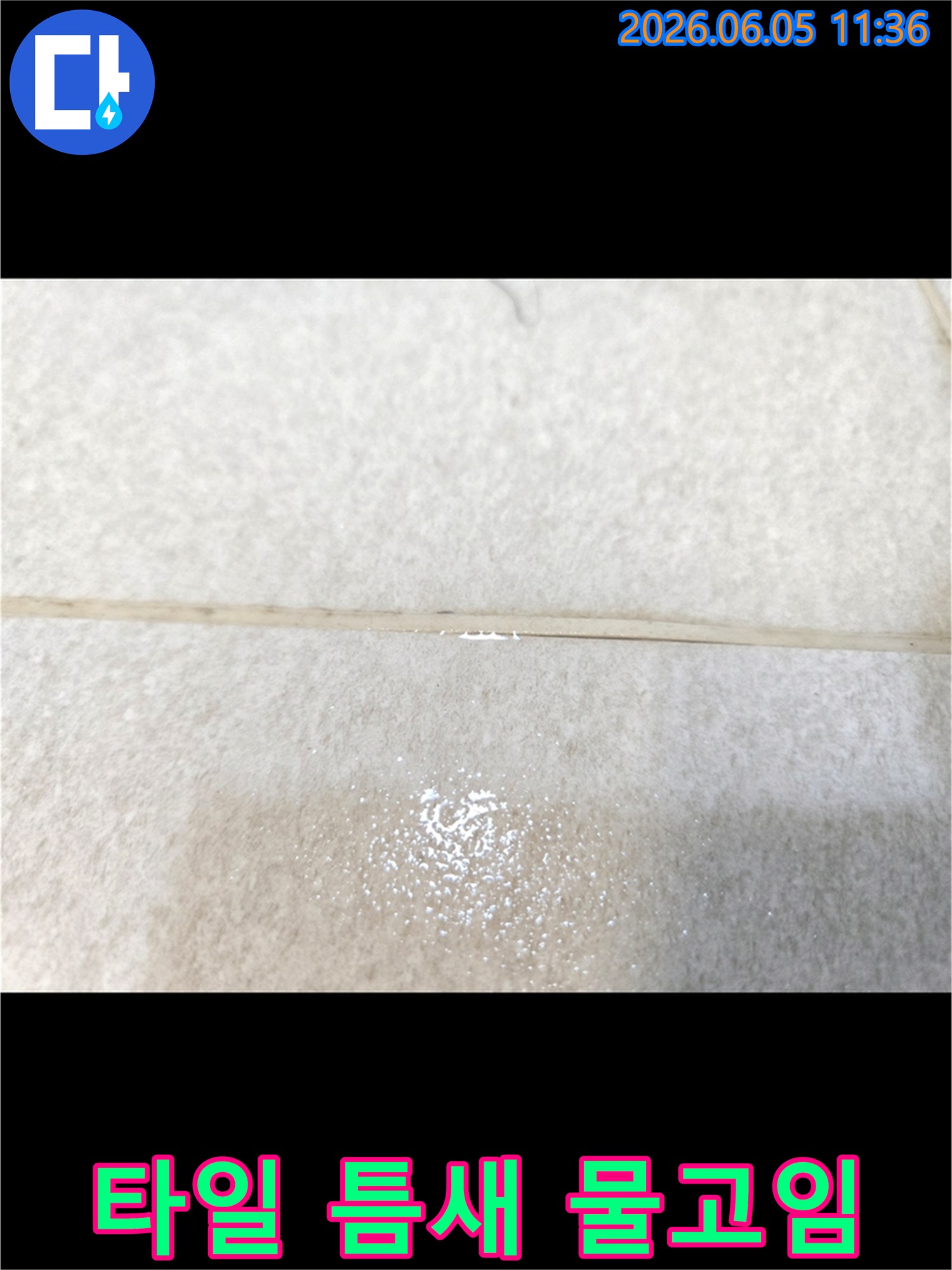 타일-틈새-사이로-물이-새어-나와-작게-고여있는-누수-현장-사진