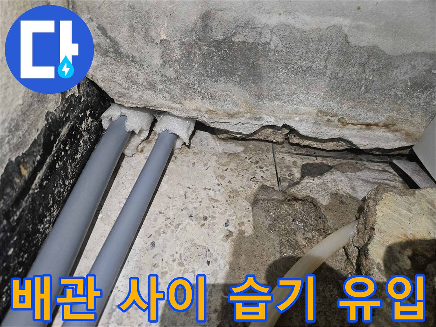 벽면 배관 주변의 심한 습기와 물 고임
