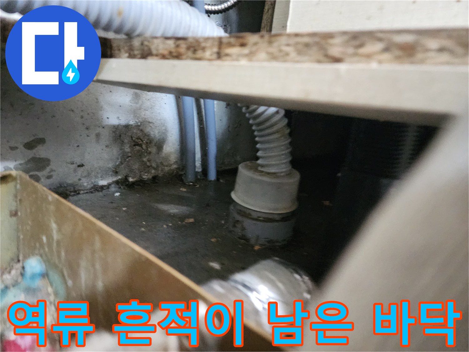 물이 역류하여 침수된 싱크대 하부 공간의 사진입니다.