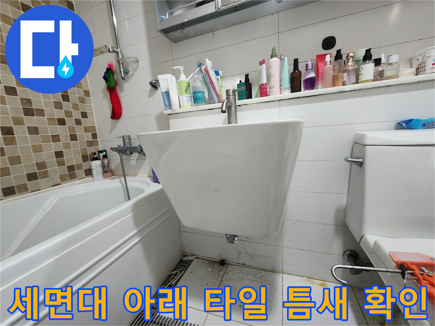 화장실 세면대 하부-타일 사이의 습기 및 오염 상태