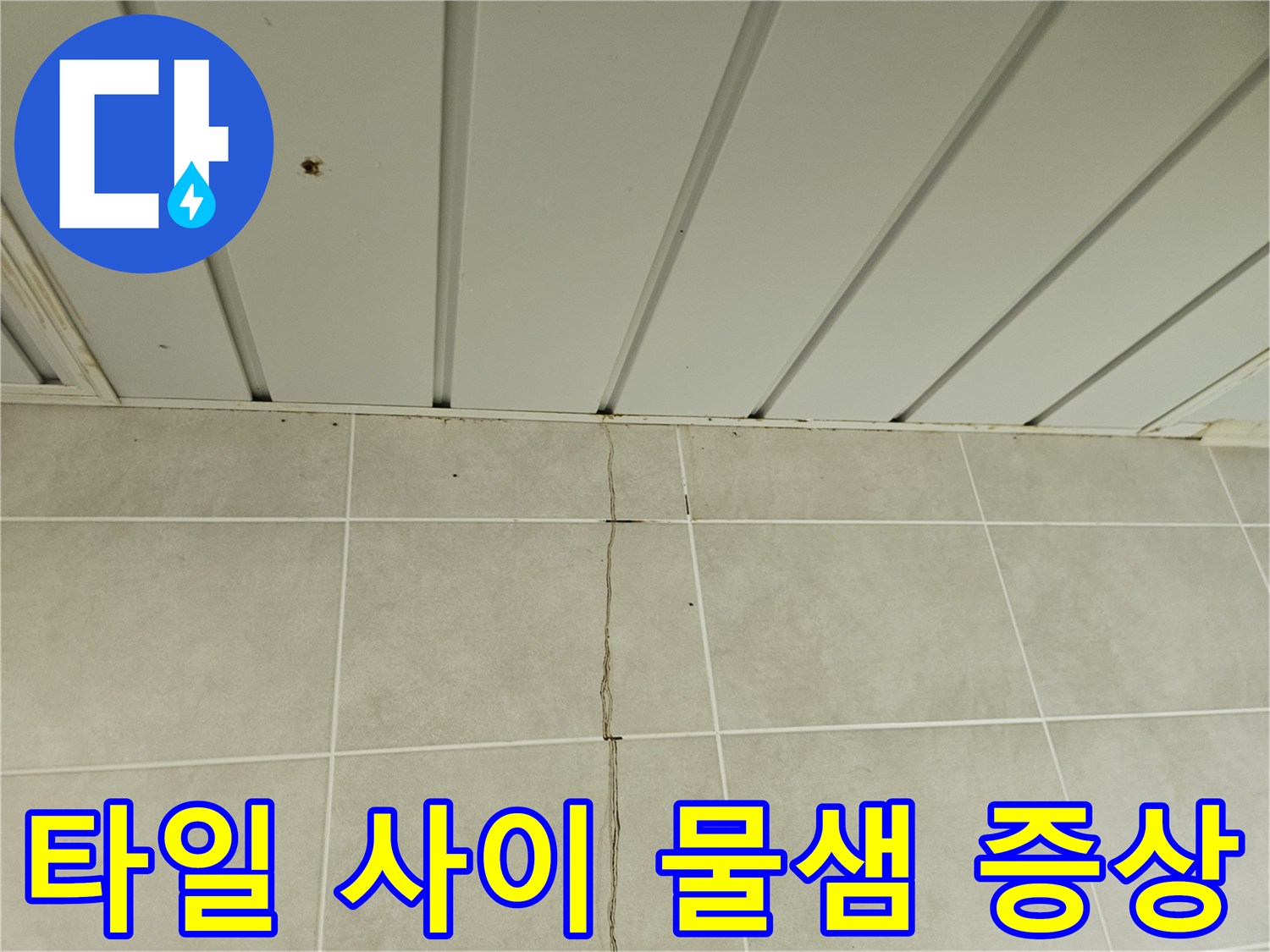 세탁실 타일 벽면의 누수 자국과 습기 현상