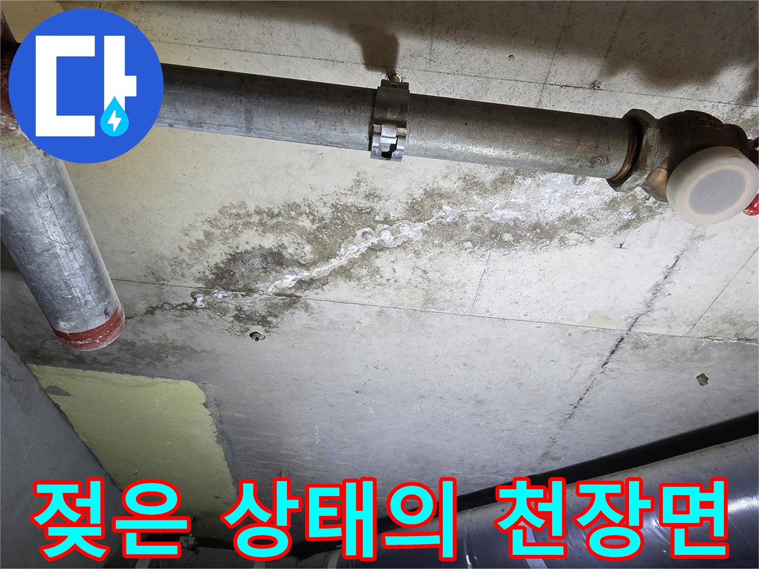 배관 주변 콘크리트-물기가 스며들어 어둡게 변한 천장 구조체