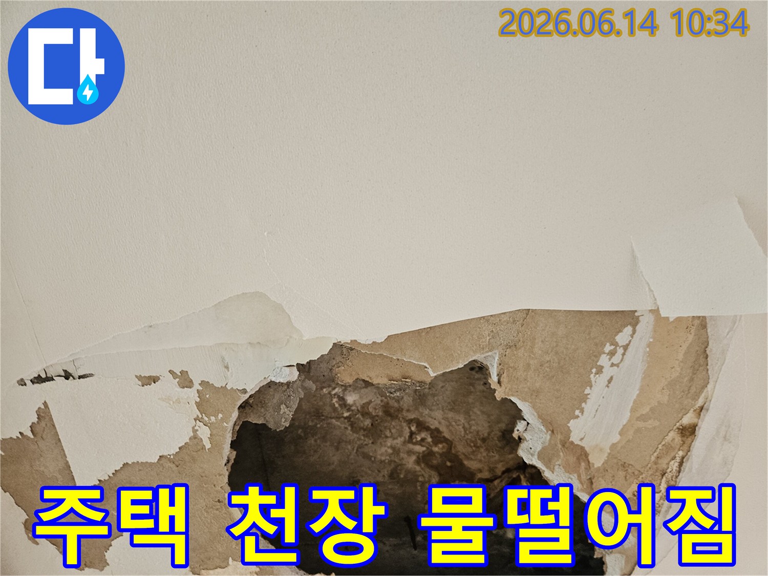 주택 천장에서 물이 떨어져 석고보드가 젖고-찢어져 내부가 노출된 심각한 누수 현장입니다.