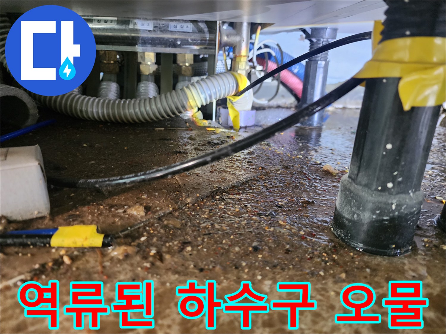 싱크대 배관 주변 바닥에 고인 검은색 슬러지 및 오물