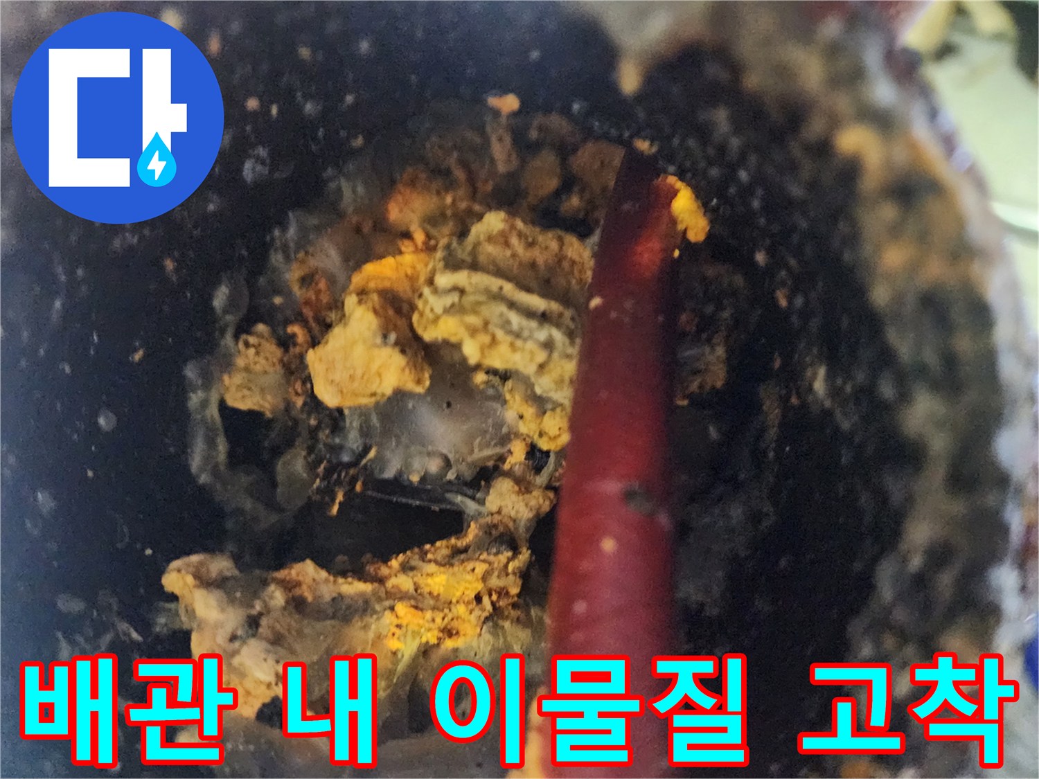 배관 벽면에 달라붙은 노란색 오물 덩어리