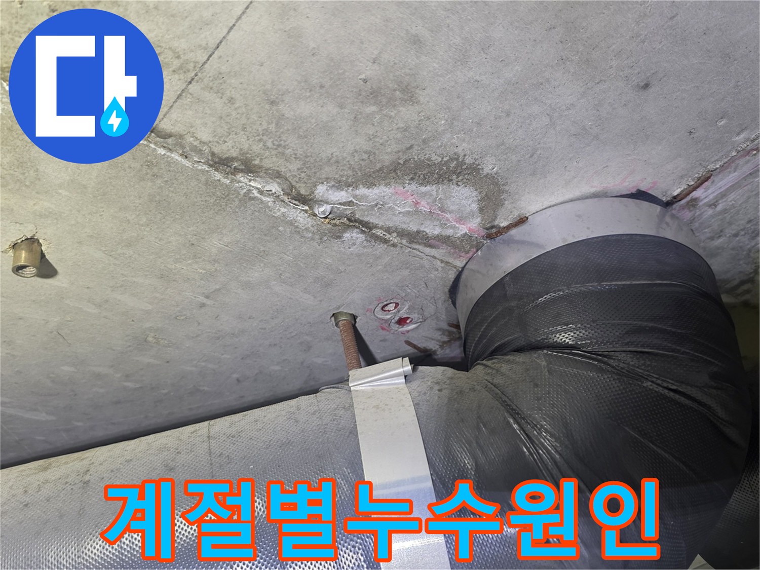 천장 콘크리트의-누수 흔적과-배관 주변의-습기 문제를-계절적 요인과-연관 지어-누수 원인을-분석하는 현장
