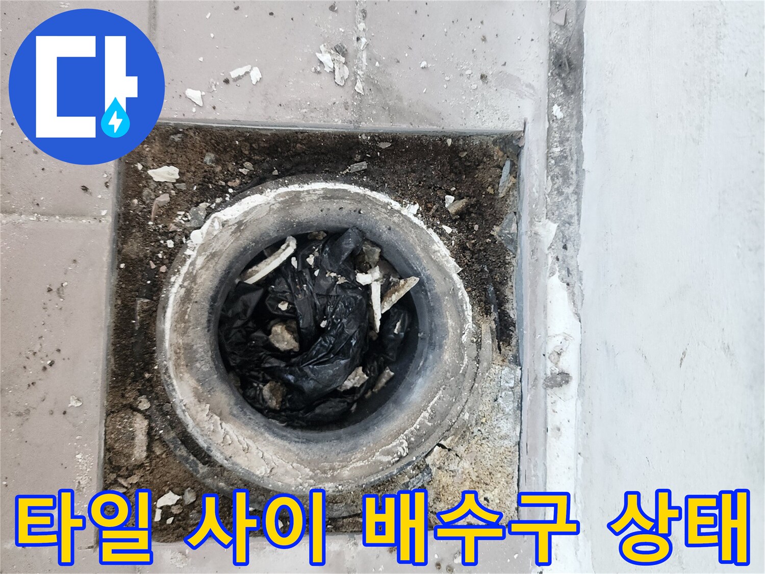 오염된 배수구 주변 타일과 배관 입구의 모습