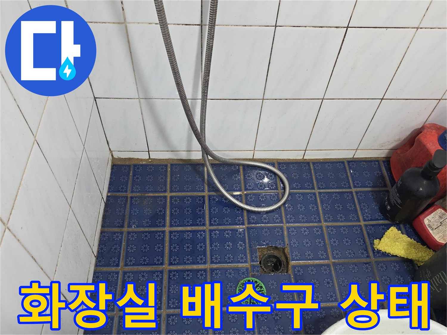 파란색 타일 바닥의 배수구와 샤워기 호스 모습