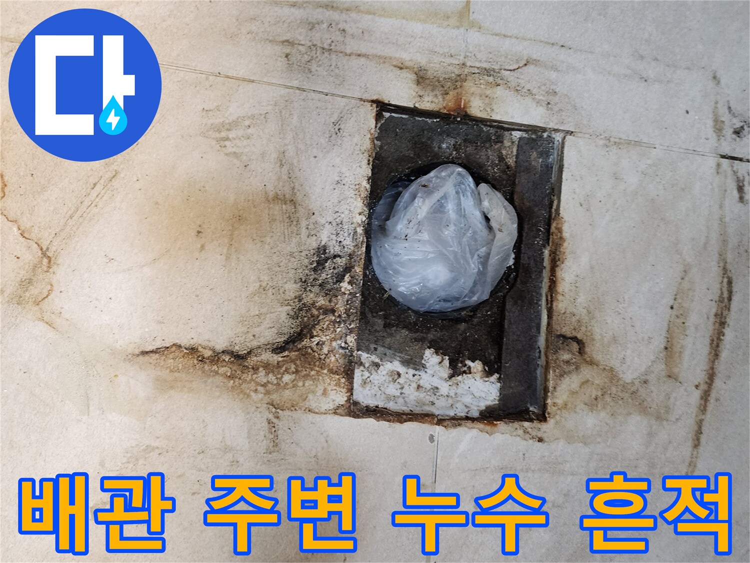 오염된 타일과-축축하게 젖은 배관 입구 부위