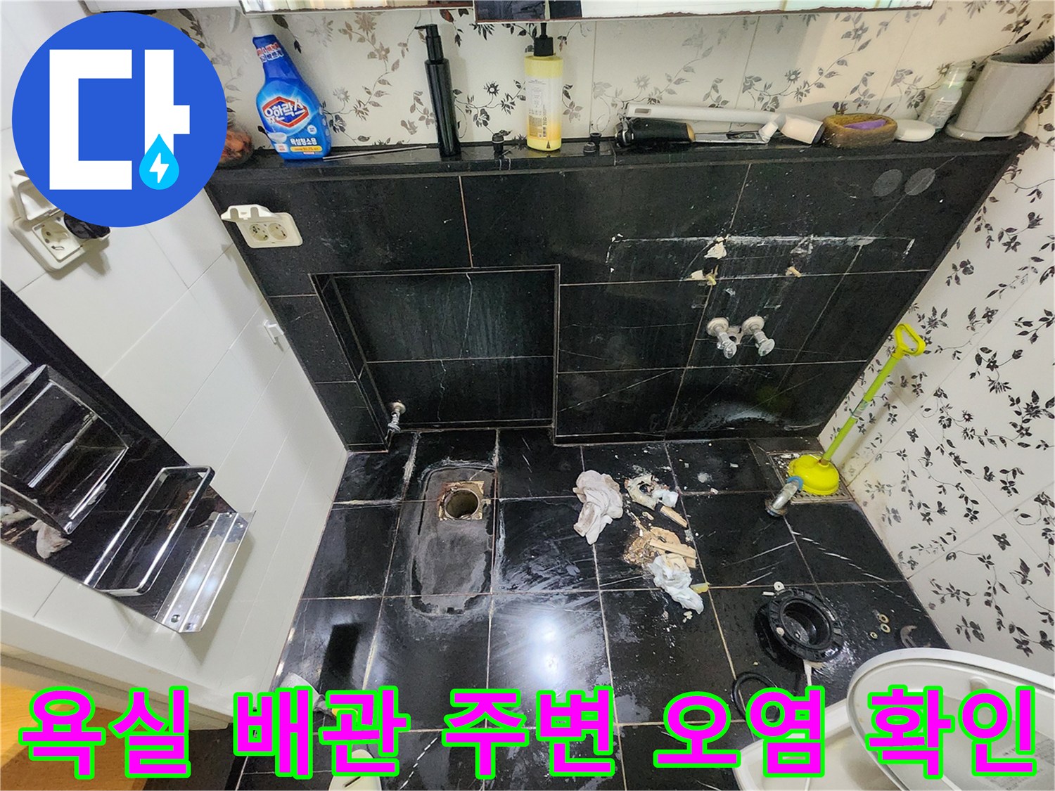 하수구 배관 입구 주변에 곰팡이와 물때가 끼어 있는 현장