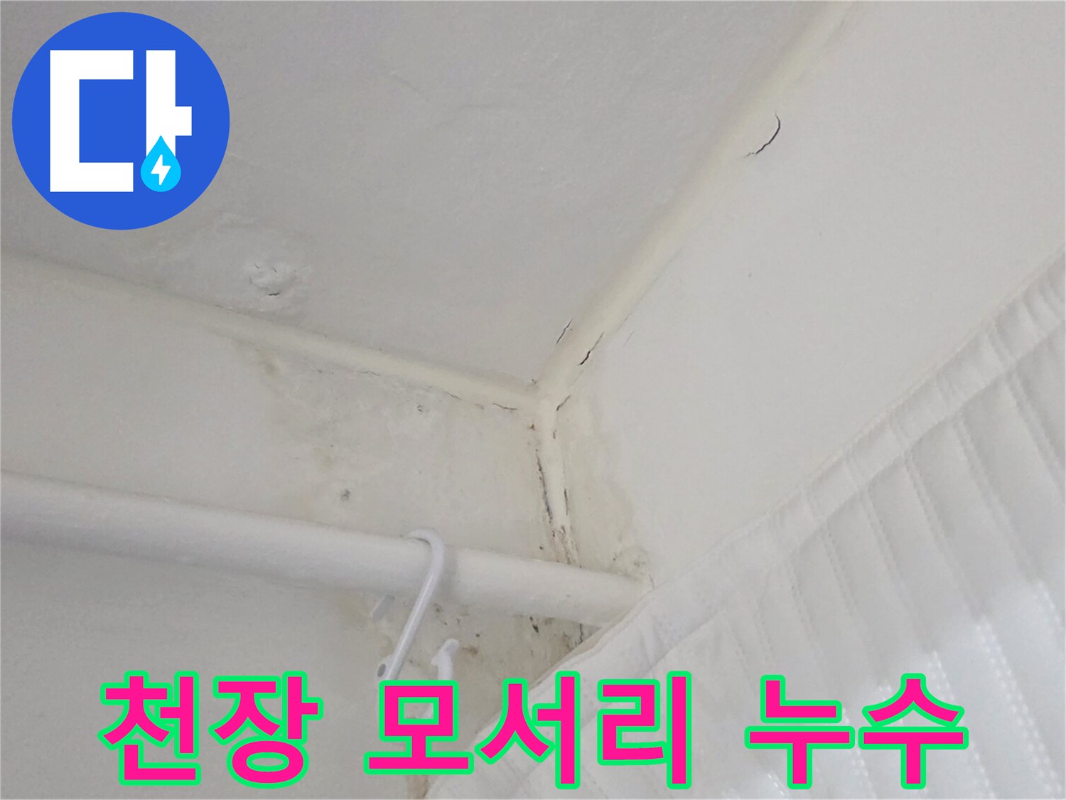 주방 천장 구석의 젖은 벽지와 얼룩진 마감재