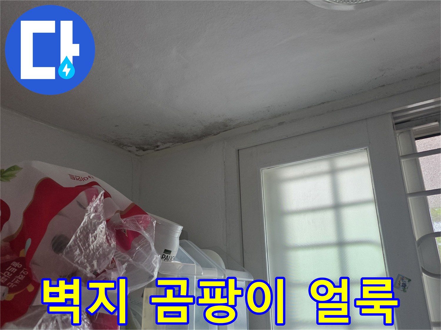 천장 모서리 부분의 곰팡이와 벽지 변색 상태