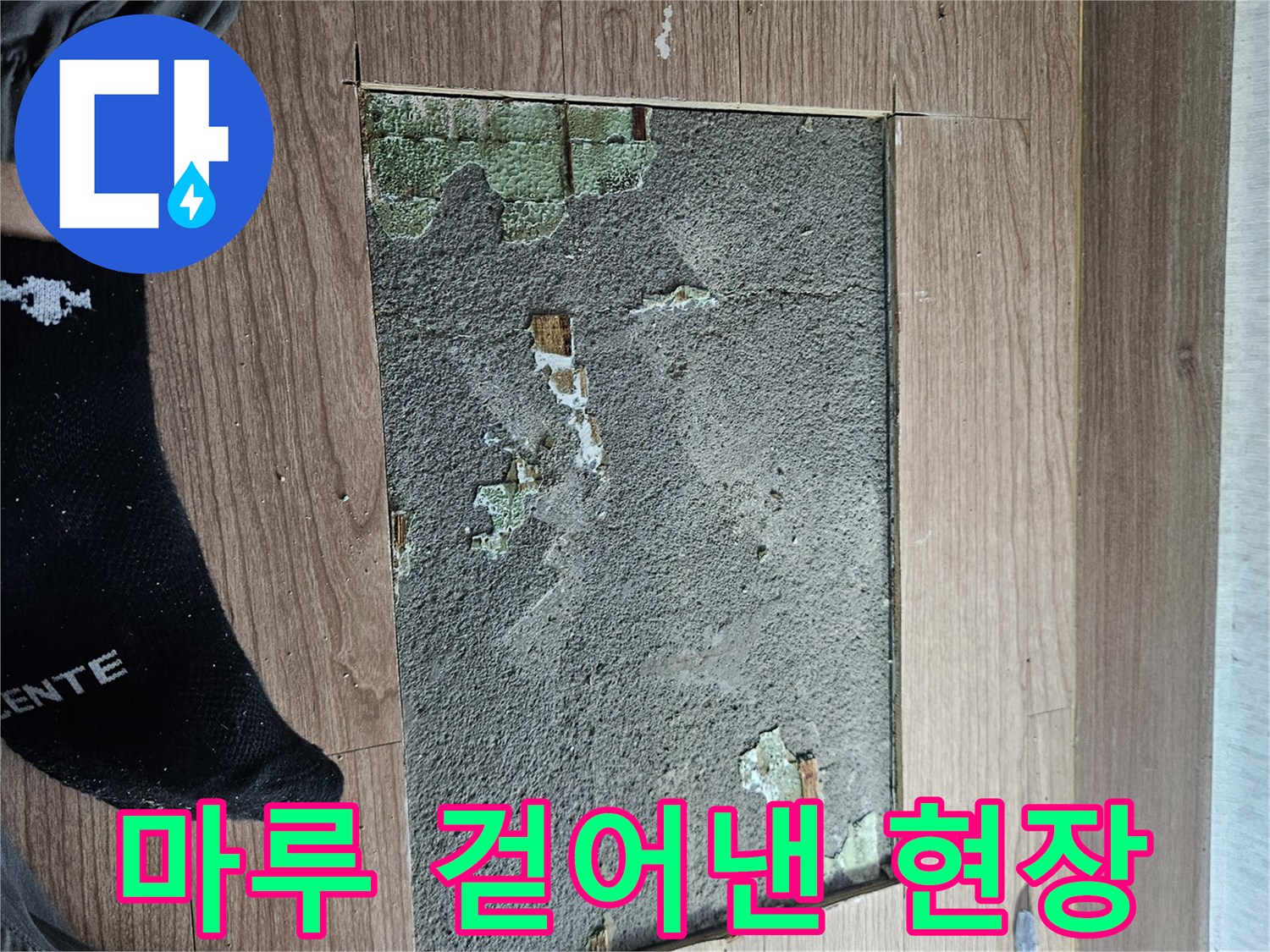 싱크대 아래 마루를 제거하여 드러난 거친 굴착 부위
