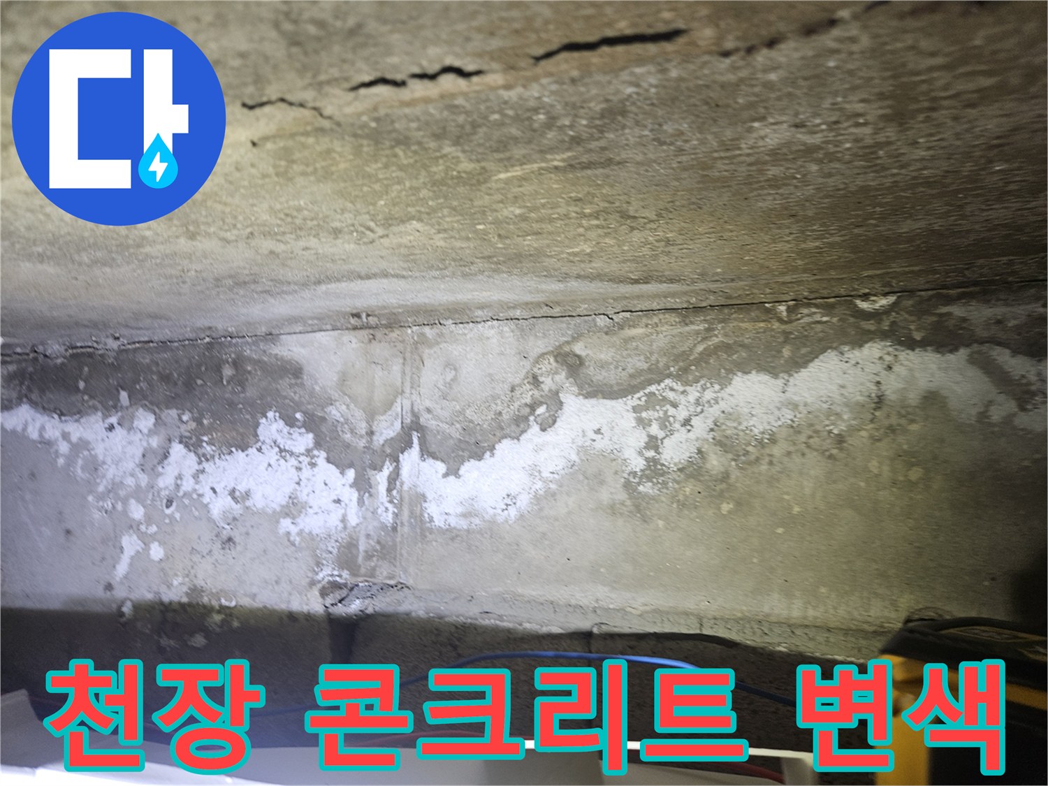 콘크리트 천장 표면의 갈라진 균열과 하얀 백화 현상