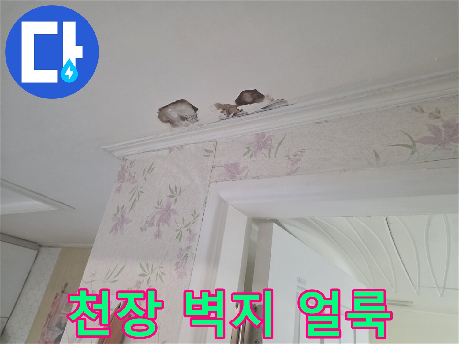 화장실 입구 천장-벽지가 젖어 변색된 상태