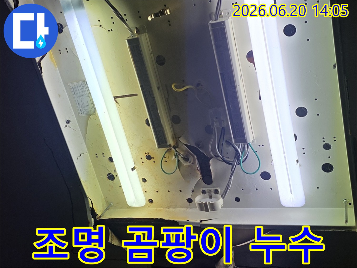천장 조명 주변에-물샘으로 인해 생긴-곰팡이와 오염 흔적을-보여주는 이미지입니다.