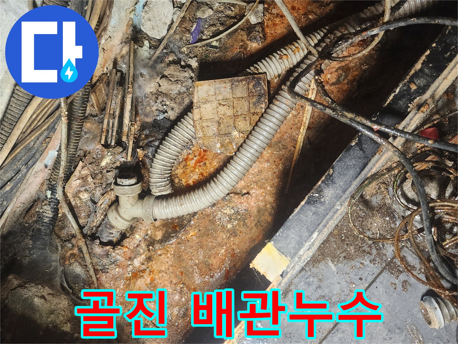 골진-유연-배관-주변에서-발생한-누수-지점을-확인하는-작업-사진