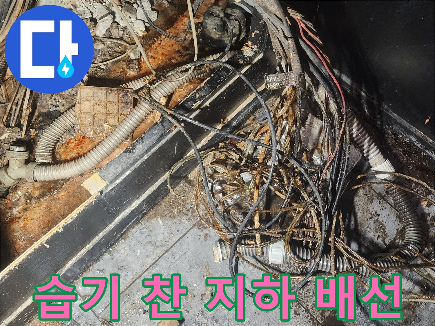 습기와-녹으로-가득한-지하-바닥에-흩어진-전선과-배관-잔해들-누수-문제가-심각합니다