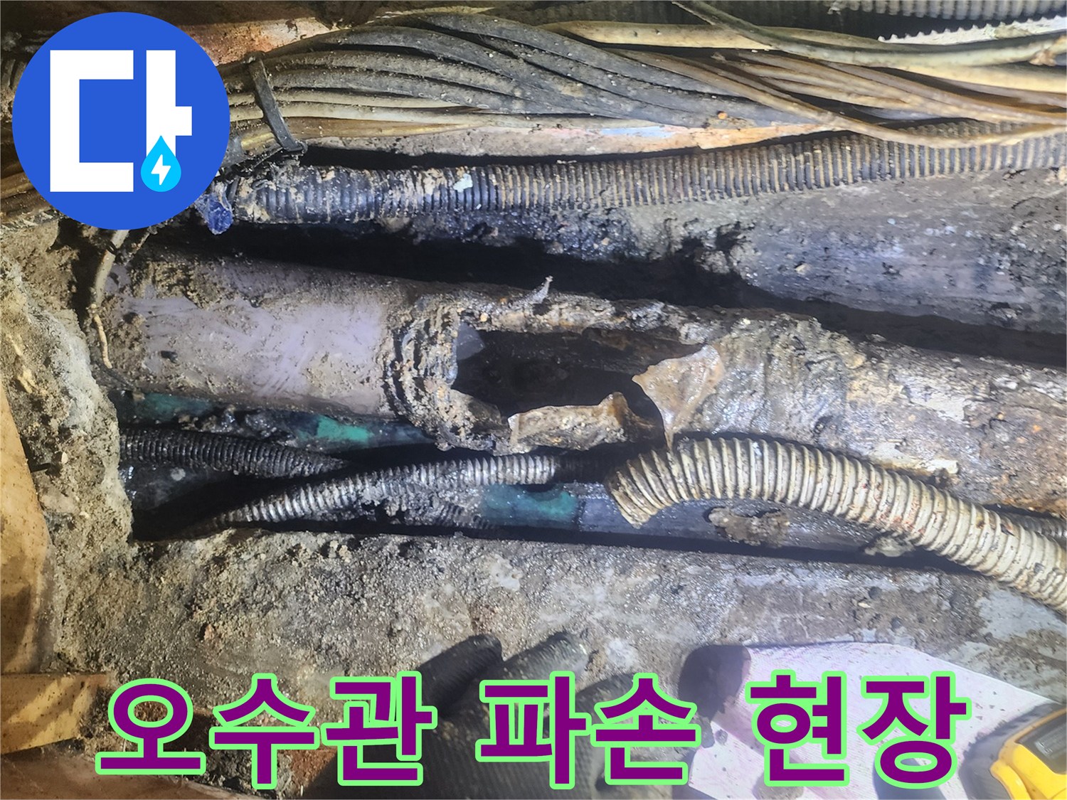 오수관이-파손되어-누수가-발생한-현장을-전문가가-정밀하게-점검하며-공사를-준비하는-모습
