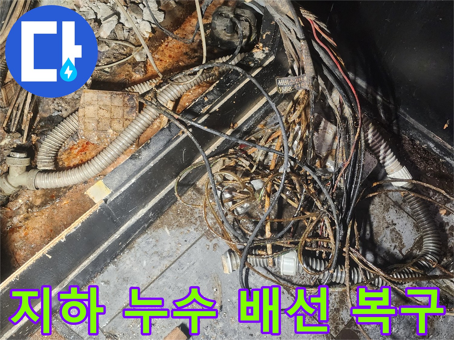 지하-누수로-인해-전기-배선과-배관이-복합적으로-손상된-현장-사진-전문적인-복구가-필요합니다