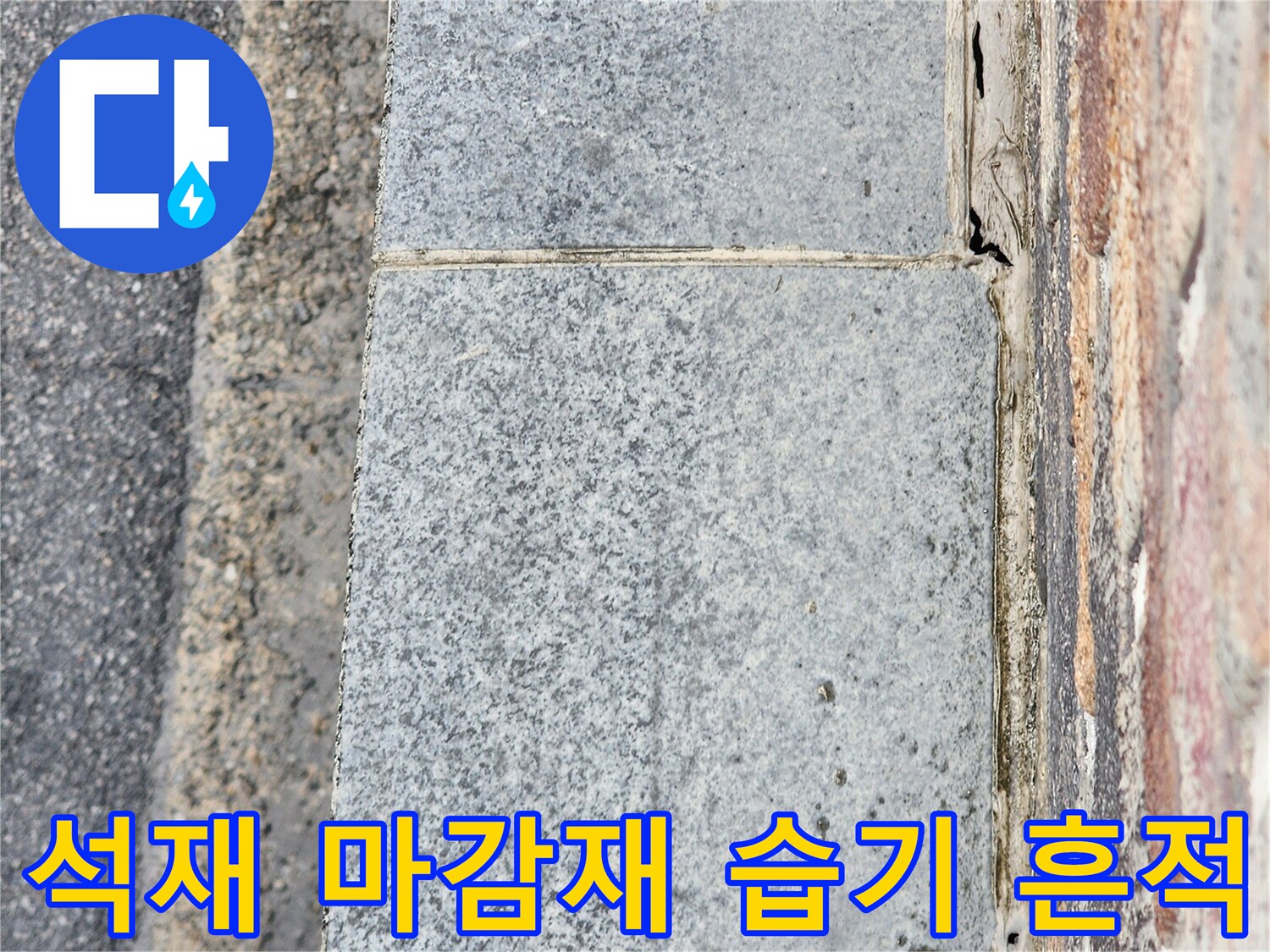 건물 외벽 석재 판재 사이의 수분 흡수로 인한 어두운 얼룩