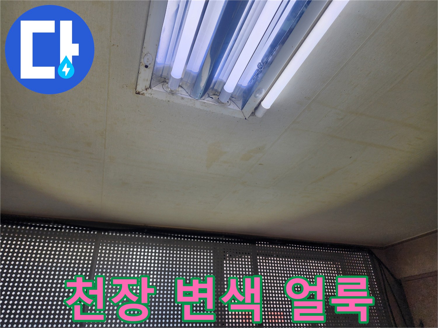 형광등 근처로 번진 천장 물기 흔적