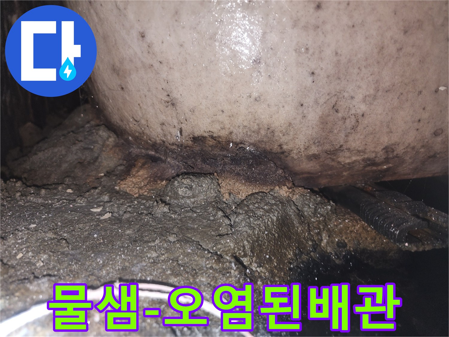 누수로 인해 배관 하부의 시멘트가 부식되고 곰팡이가 번식한 모습