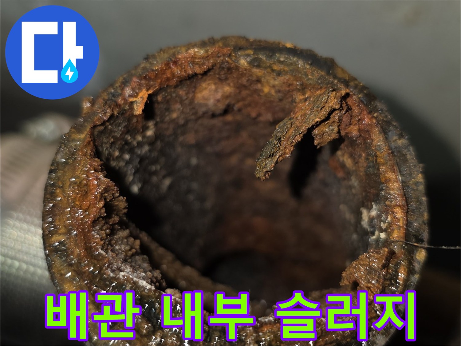 슬러지와 오물로 가득 찬 노후 배관의 내부 단면
