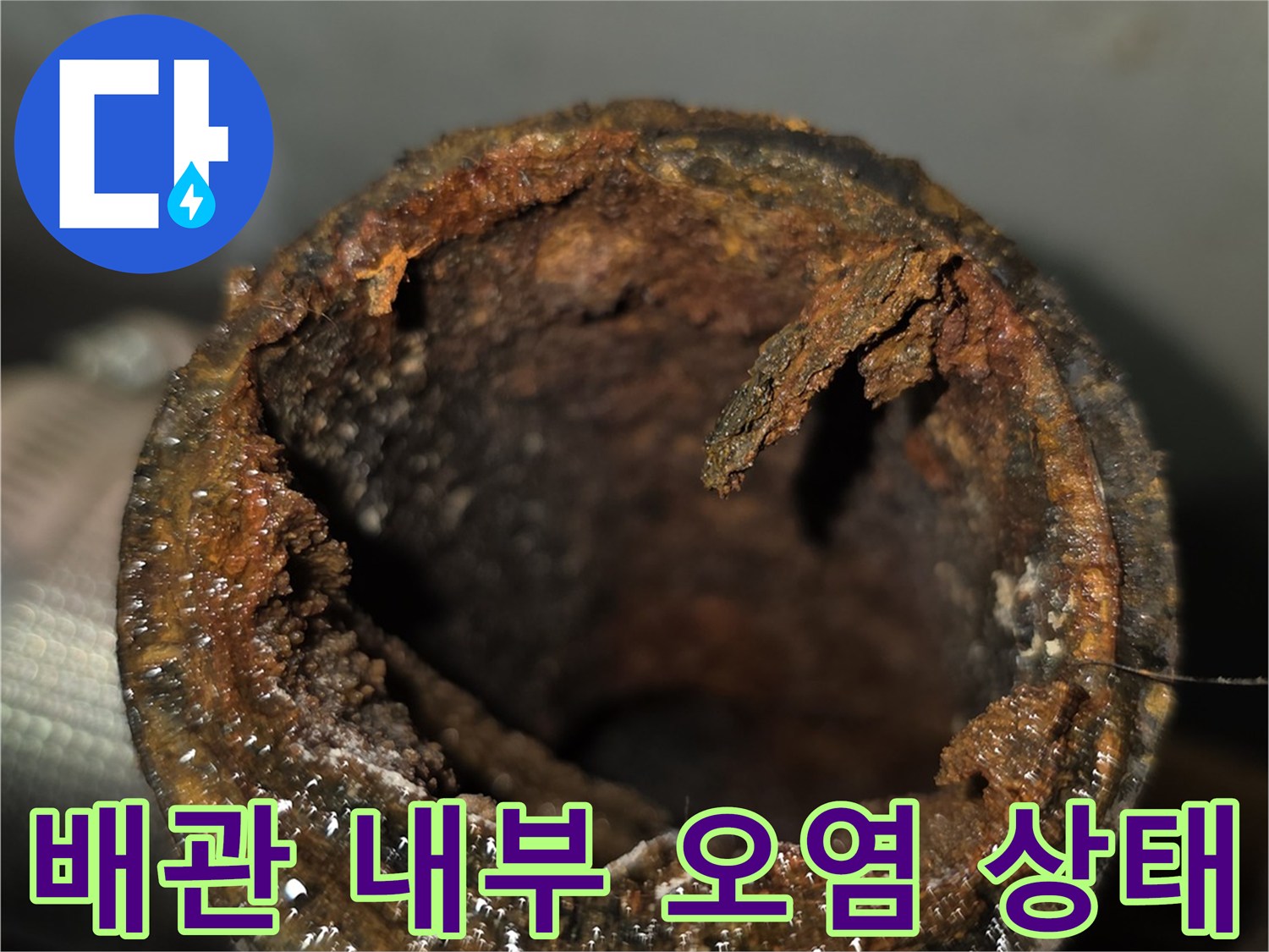 오물과 슬러지가 가득 차 있는 노후 배관의 단면