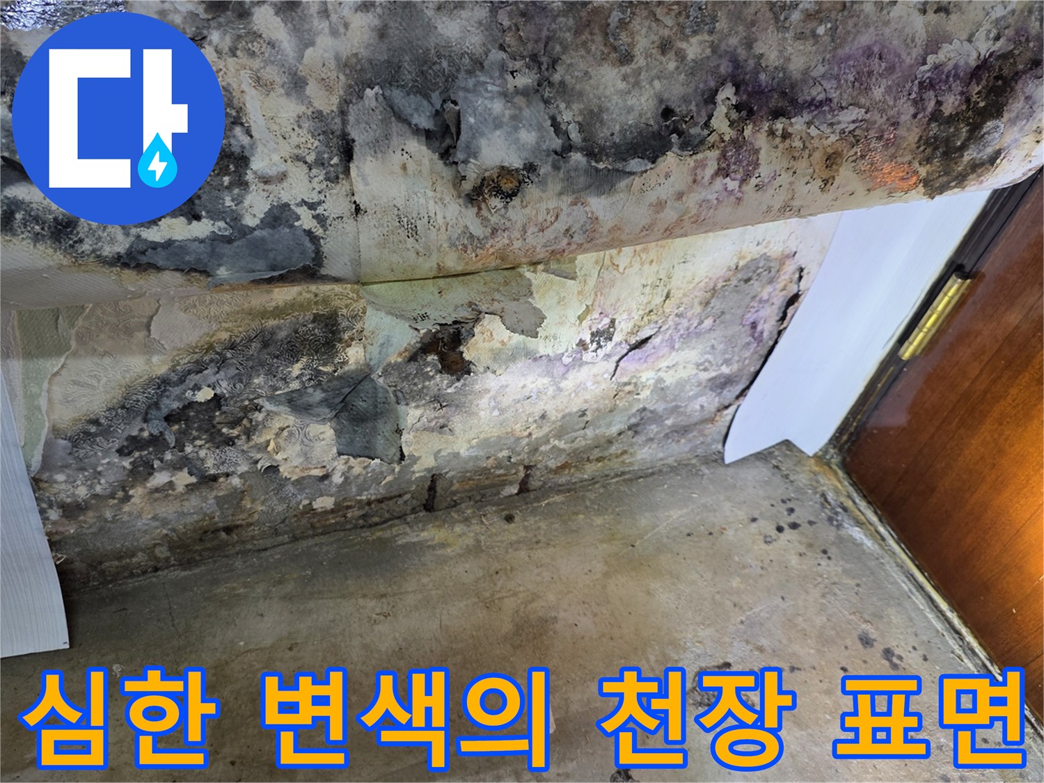 누수 피해로 인해 검게 변하고 부풀어 오른 천장