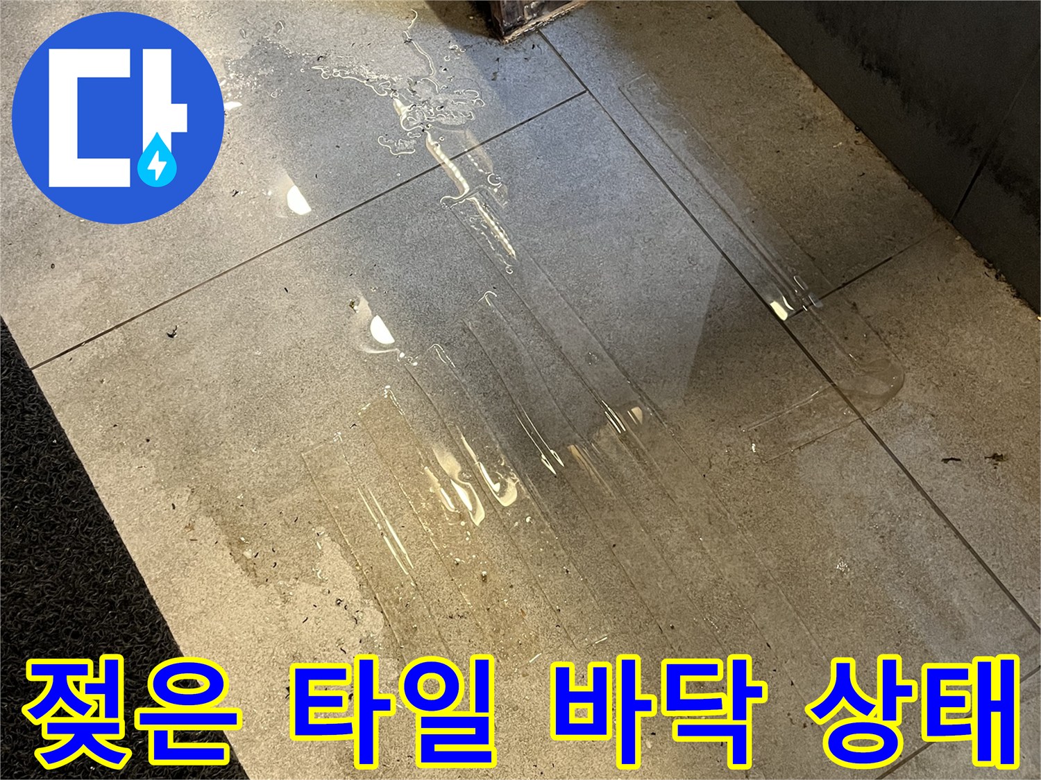 물기가 배어 나온 식당 바닥 타일 - 누수 지점 조사를 위한 현장 사진