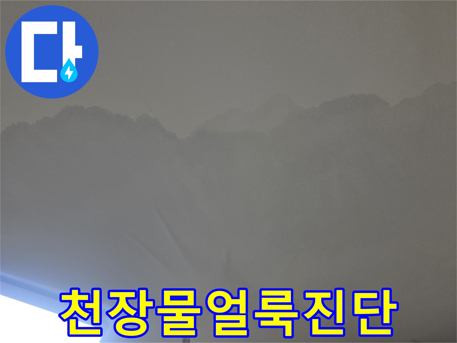 물이 새어-천장이 젖고-변색된 모습을-자세히 보여주는-사진입니다.