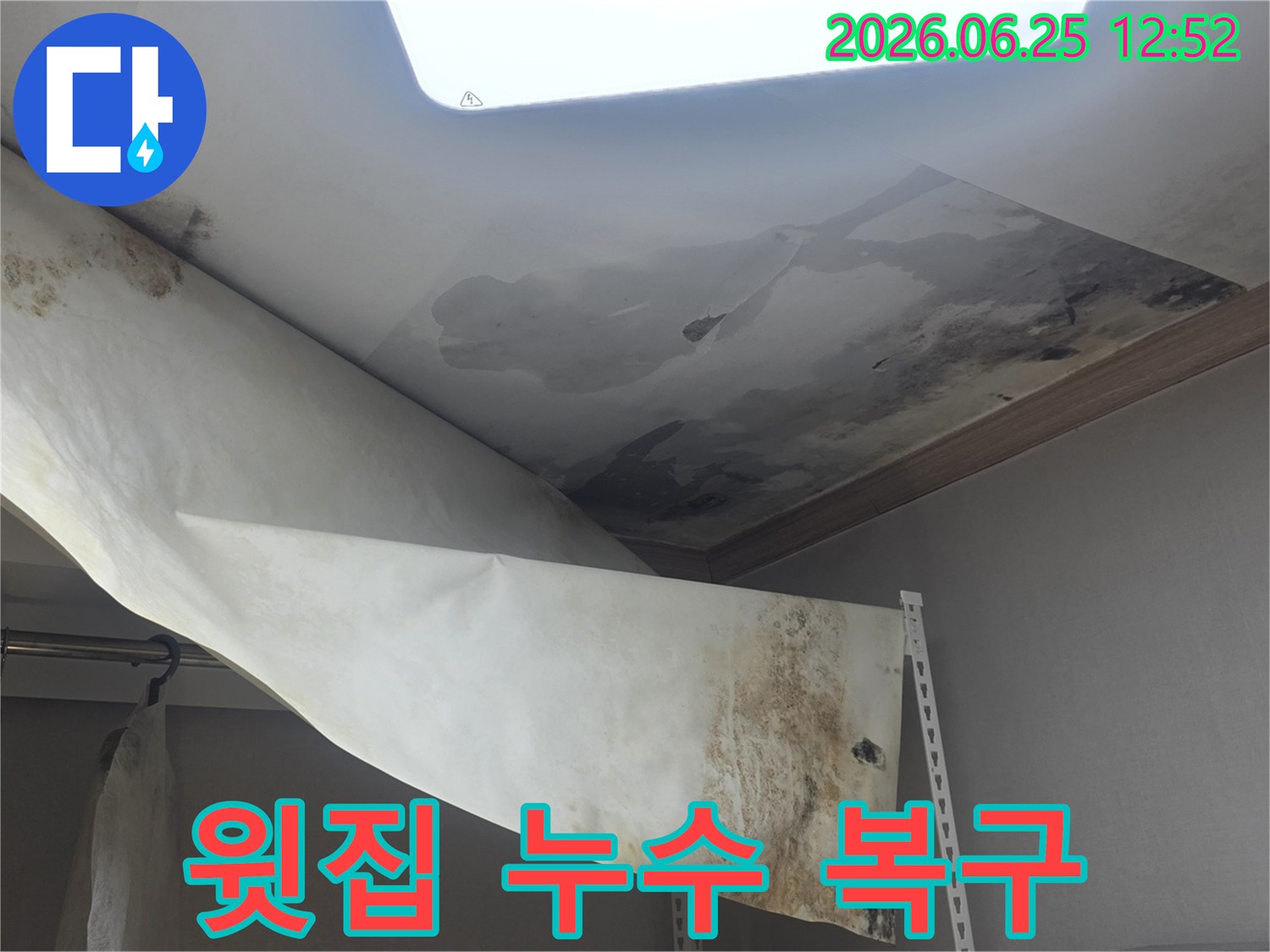 윗집 누수로 인해-천장 벽지가 손상되고-곰팡이가 발생한-피해 현장 사진입니다