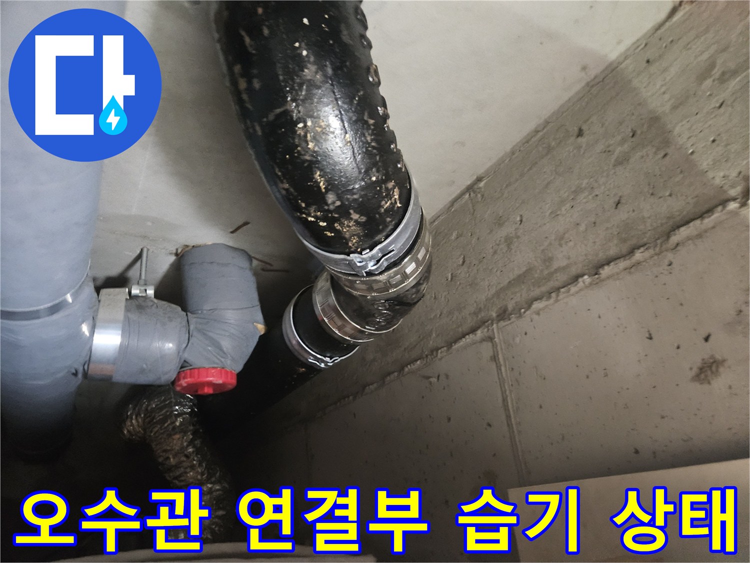 검은색 오수 배관과 회색 PVC 배관의 접합부 점검