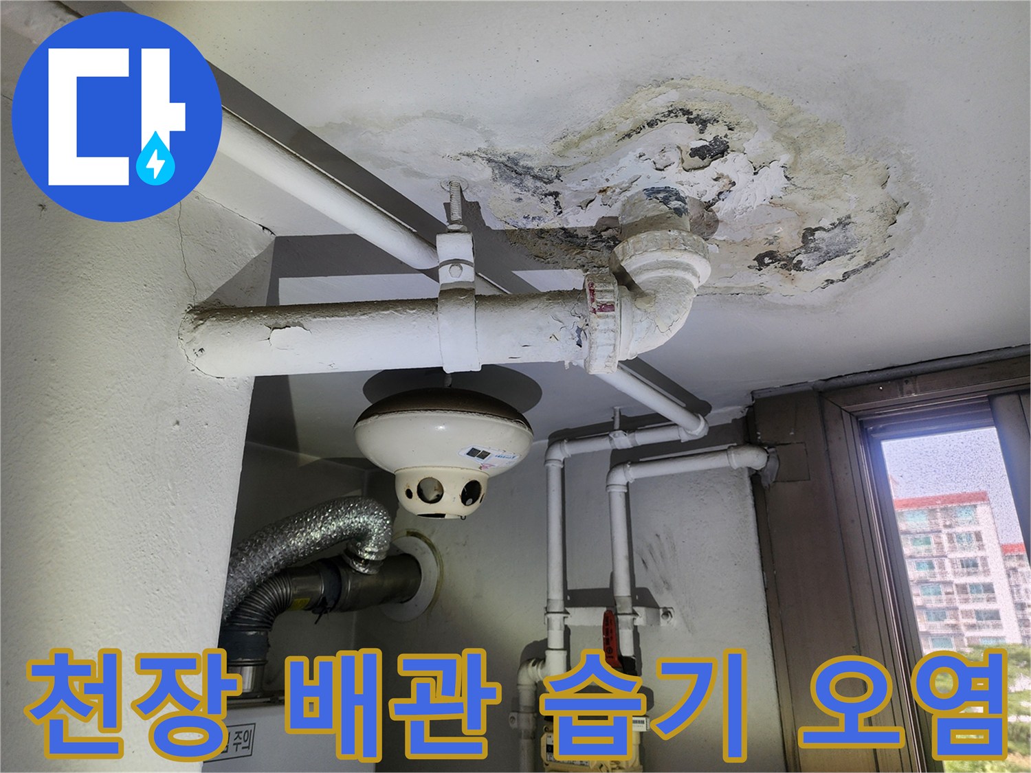 천장 배관 주변의 젖은 흔적과 콘크리트 변색 부위